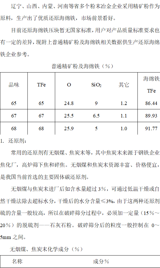 铁矿粉还原法制取炼钢海绵铁的工艺说明