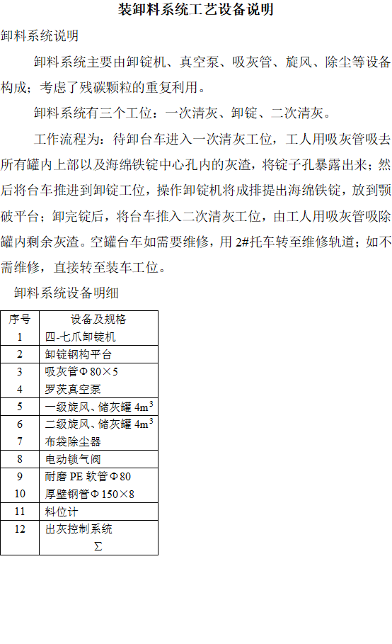 装卸料系统工艺设备说明
